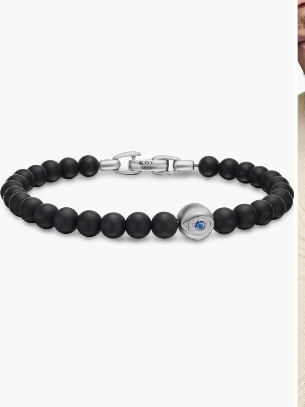 David Yurman Matte Black Bead Bracelet with Silver Clasp and Blue Accent